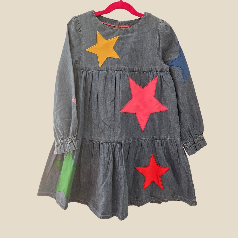 Mini Boden Girls Blue Denim Star Applique Tiered Chambray Dress 7-8Y G4963